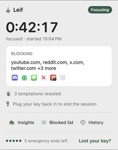 Leif's menu bar panel during a session: a 0:42:17 timer, the blocked sites and apps, and 3 temptations resisted.
